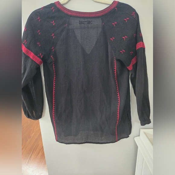 Madewell Gauzed Pullover Blouse V Neck Long Sleeve Embroidered Boho Black XS - Picture 2 of 5